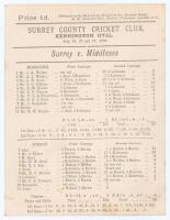 ‘Surrey v. Middlesex’ 1888. Early original double sided scorecard with complete printed scores for the match played at Kennington Oval, 19th- 21st July 1888. Middlesex batted first and were doing well at 149/3 but then collapsed to 161, Stanley Scott top 