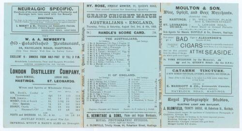 Australian tour to England 1888. &lsquo;Grand Cricket Match. Australians v. [11 of] England&rsquo;. Early original double sided folding scorecard with complete printed scores for the tour match played at the Central Recreation Ground, Hastings, 2nd- 4th August 1888. 
