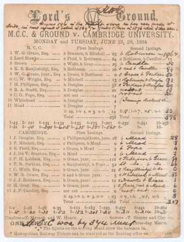 &lsquo;M.C.C. & Ground v. Cambridge University&rsquo; 1894. Early original double sided scorecard with complete printed and handwritten scores in ink for the match played at Lord&rsquo;s, 25th- 27th June 1894. In an incredible game featuring some amazing feats, M.C.C. elec