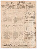 ‘M.C.C. & Ground v. Cambridge University’ 1894. Early original double sided scorecard with complete printed and handwritten scores in ink for the match played at Lord’s, 25th- 27th June 1894. In an incredible game featuring some amazing feats, M.C.C. elec