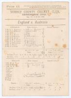 ‘England v. Australia’ 1888. Early original scorecard with incomplete printed and handwritten scores in pencil, for the 2nd Test played at Kennington Oval, 13th & 14th August 1888. Australia elected to bat first but were dismissed for only 80 (John Edward