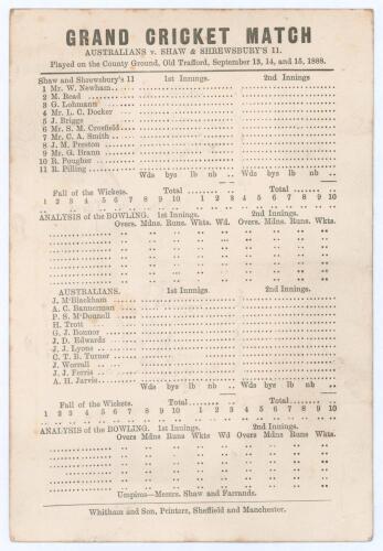 Australian tour to England 1888. &lsquo;Grand Cricket Match. Australians v. Shaw & Shrewsbury&rsquo;s XI&rsquo; 1888. Early original single sided scorecard for the match played at Old Trafford, 13th- 15th September 1888. The scorecard blank with teams listed for the start 