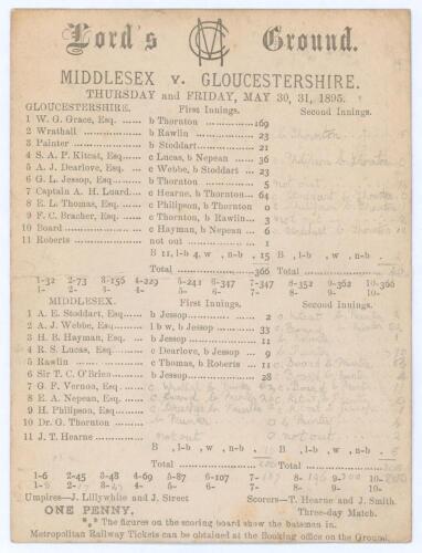 &lsquo;Middlesex v. Gloucestershire&rsquo; 1895. Early original double sided scorecard with complete printed and faintly written scores in pencil for the match played at Lord&rsquo;s, 30th May- 1st June 1895. In a match in which W.G. Grace achieved two significant mileston