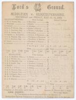 ‘Middlesex v. Gloucestershire’ 1895. Early original double sided scorecard with complete printed and faintly written scores in pencil for the match played at Lord’s, 30th May- 1st June 1895. In a match in which W.G. Grace achieved two significant mileston