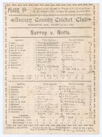 ‘Surrey v. Notts’ 1889. Early original single sided scorecard with complete printed and neatly handwritten scores in ink for the match played at Kennington Oval, 5th- 7th August 1889. Surrey elected to bat first and posted 172, Harry Wood top scorer with 