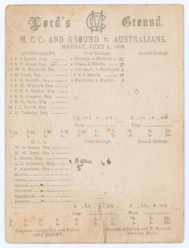 Australian tour to England 1890. &lsquo;M.C.C. and Ground v. Australians&rsquo;. Early original double sided scorecard with incomplete printed and handwritten scores in ink for the match played at Lord&rsquo;s 2nd & 3rd June 1890. The Australians batted first scoring 124, 