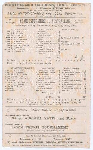 Australian tour to England 1890. &lsquo;Gloucestershire v. Australians&rsquo;. Early original double sided scorecard with complete printed scores to the end of the second day&rsquo;s play with additional handwritten scores in pencil, for the match played at the College Gro