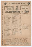 ‘Gloucestershire v. Kent’ 1891. Early original double sided scorecard with complete printed and handwritten scores in pencil for the match played at the Ashley Down Ground, Bristol, 18th- 20th May 1891. In the opening match of the season the first day was