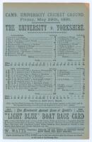 ‘The [Cambridge] University v. Yorkshire’ 1891. Early original scorecard with complete printed scores for the match played at Fenner’s Ground, Cambridge, 28th & 29th May 1891. In a closely fought and low scoring match, Yorkshire batted first reaching 118,