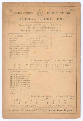&lsquo;Sussex v. Glo&rsquo;stershire&rsquo; 1891. Walter Humphreys&rsquo; Benefit. Early original double sided scorecard with incomplete printed and handwritten scores in pencil for the match played at the County Ground, Hove, 8th & 9th June 1891. Scheduled for three days but co