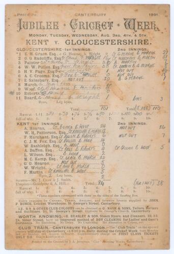 &lsquo;Canterbury Jubilee Cricket Week. Kent v. Gloucestershire&rsquo; 1891. Early original double sided scorecard with complete printed and handwritten scores in pencil for the match played at the St. Lawrence Ground, Canterbury, 3rd- 5th August 1891. In a rain affe