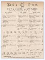 ‘M.C.C. & Ground v. Yorkshire’ 1892. Early original scorecard with complete printed scores for the match played at Lord’s, 16th & 17th May 1892. Scheduled for three days but completed in two, Yorkshire elected to bat first and put on 152, William Fletcher