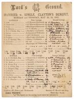 ‘Married v. Single. Clayton’s Benefit’ 1892. Original double sided scorecard for the match played at Lord’s 23rd & 24th May 1892 for the benefit of the Lord’s groundsman, Robert Clayton. The scorecard with complete printed and handwritten scores. The two 