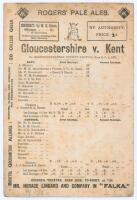 ‘Gloucestershire v. Kent’ 1892. Early original double sided scorecard with incomplete printed scores for the match played at the Ashley Down Ground, Bristol, 6th- 8th June 1892. The scorecard shows Kent in their first innings standing at 143/2. They went 