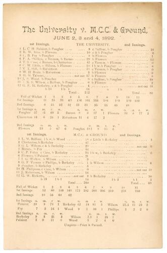 &lsquo;The [Oxford] University v. M.C.C. & Ground&rsquo; 1892. Original single sided scorecard for the twelve per side match played at The Parks, Oxford, 2nd- 4th June 1892. The scorecard with complete printed scores. Oxford batted first and made 222 (V.T. Hill 51, T