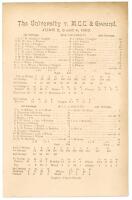 ‘The [Oxford] University v. M.C.C. & Ground’ 1892. Original single sided scorecard for the twelve per side match played at The Parks, Oxford, 2nd- 4th June 1892. The scorecard with complete printed scores. Oxford batted first and made 222 (V.T. Hill 51, T