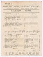 ‘Somerset v. Notts.’ 1892. Early original single sided scorecard with complete printed scores for the match played at Taunton, 18th & 19th August 1892. After a start delayed by rain on the first day, Somerset took advantage of the difficult bowling condit