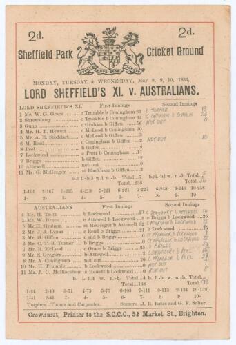 Australia tour to England 1893. &lsquo;Lord Sheffield&rsquo;s XI. v. Australians&rsquo;. Early original single sided scorecard with complete printed and handwritten scores in pencil for the match played at Sheffield Park, Uckfield, 8th- 10th May 1893. In the opening match 