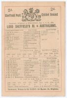 Australia tour to England 1893. ‘Lord Sheffield’s XI. v. Australians’. Early original single sided scorecard with complete printed and handwritten scores in pencil for the match played at Sheffield Park, Uckfield, 8th- 10th May 1893. In the opening match 