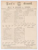 ‘M.C.C. & Ground v. Sussex’ 1893. Early original scorecard with complete printed scores for the drawn match played at Lord’s, 15th- 17th May 1893. Despite rain affecting the match the batsmen dominated with George Brann scoring 137 in Sussex’s first innin