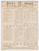 Australia tour to England 1893. ‘M.C.C. & Ground v. Australians’. Early original double sided scorecard with complete printed scores for the drawn match played at Lord’s 18th- 20th May 1893. In a high scoring match M.C.C. batted first and reached an impre