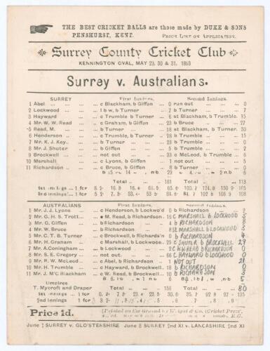 Australia tour to England 1893. &lsquo;Surrey v. Australians&rsquo;. Early original double sided scorecard with complete printed and handwritten scores in pencil for the match played at Kennington Oval, 29th & 30th May 1893. In a relatively low scoring match on a dam