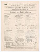 Australia tour to England 1893. ‘Surrey v. Australians’. Early original double sided scorecard with complete printed and handwritten scores in pencil for the match played at Kennington Oval, 29th & 30th May 1893. In a relatively low scoring match on a dam