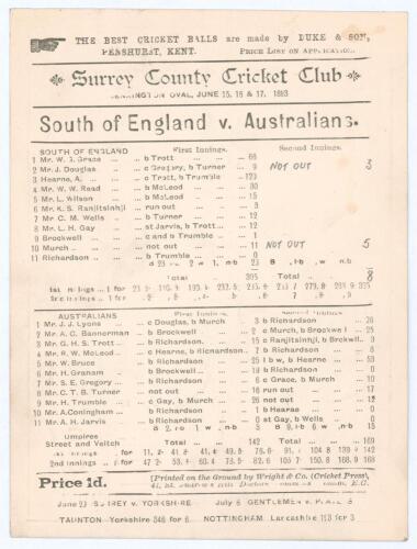 Australia tour to England 1893. &lsquo;South of England v. Australians&rsquo;. Early original double sided scorecard with complete printed and handwritten scores in pencil for the match played at Kennington Oval, 15th & 16th June 1893. The South elected to bat first 