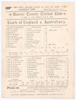 Australia tour to England 1893. ‘South of England v. Australians’. Early original double sided scorecard with complete printed and handwritten scores in pencil for the match played at Kennington Oval, 15th & 16th June 1893. The South elected to bat first 