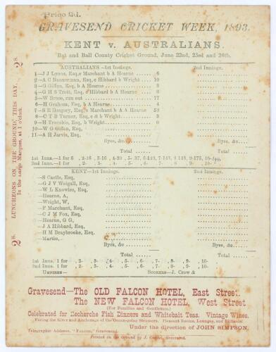 Australia tour to England 1893. &lsquo;Gravesend Cricket Week. Kent v. Australians&rsquo;. Early original double sided scorecard with incomplete printed and faintly handwritten scores in pencil for the match played at the Bat and Ball Ground, Gravesend, 22nd & 23rd J