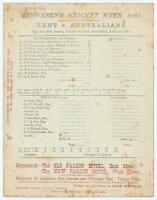 Australia tour to England 1893. ‘Gravesend Cricket Week. Kent v. Australians’. Early original double sided scorecard with incomplete printed and faintly handwritten scores in pencil for the match played at the Bat and Ball Ground, Gravesend, 22nd & 23rd J