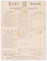 ‘Government v. Opposition’ 1893. Early original double sided scorecard with complete printed scores for the one-day match played at Lord’s, 29th July 1893. The teams comprised members of the current Liberal government including Herbert Gladstone, son of t