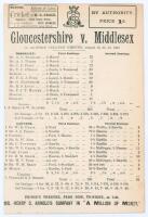 ‘Gloucestershire v. Middlesex’ 1893. Early original scorecard with complete printed scores for the match played at Clifton College Ground, 10th- 12th August 1893. Playing against a Gloucestershire team featuring three members of the Grace family, W.G. sen