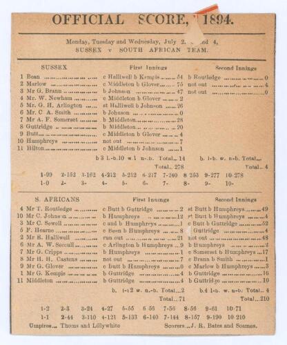 South Africa&rsquo;s inaugural tour to England 1894. &lsquo;Sussex v. South African Team&rsquo;. Rare early original double sided scorecard with complete printed scores for the tour match played at the County Ground, Hove, 2nd & 3rd July 1894. Batting first, the Sussex ope