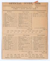 South Africa’s inaugural tour to England 1894. ‘Sussex v. South African Team’. Rare early original double sided scorecard with complete printed scores for the tour match played at the County Ground, Hove, 2nd & 3rd July 1894. Batting first, the Sussex ope