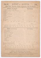 ‘Kent v. Notts.’ 1894. Early original double sided scorecard with incomplete printed and faint handwritten scores in pencil for the match played at Mote Park, Maidstone, 19th & 20th July 1894. In a remarkable match, Kent dismissed Nottinghamshire for just