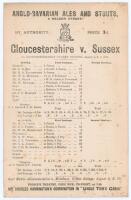 ‘Gloucestershire v. Sussex’ 1895. Early original double sided scorecard with incomplete printed scores for the match played at the Ashley Down Ground, Bristol, 5th- 7th August 1895. In a remarkable match rain prevented any play on the first day and by the