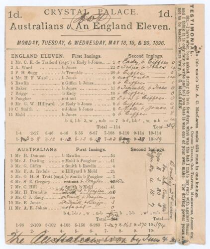 Australia tour to England 1896. &lsquo;Australians v. An England [C.E. de Trafford&rsquo;s] Eleven&rsquo;. Early original double sided scorecard with complete printed and handwritten scores in ink for the match played at Crystal Palace, 18th & 19th May 1896. Comprising six