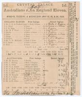 Australia tour to England 1896. ‘Australians v. An England [C.E. de Trafford’s] Eleven’. Early original double sided scorecard with complete printed and handwritten scores in ink for the match played at Crystal Palace, 18th & 19th May 1896. Comprising six