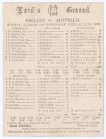 Australia tour to England 1896. ‘England v. Australia’. Early original double sided scorecard with complete printed scores for the first Test, Lord’s 22nd - 24th June 1895. In a topsy-turvy match, Australia may have regretted their decision to bat first, 