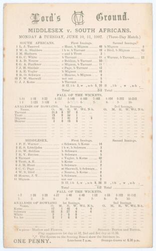 South Africa tour to England 1907. &lsquo;Middlesex v. South Africans&rsquo;. Rare early double sided scorecard with incomplete printed and faintly handwritten scores in pencil for the match played at Lord&rsquo;s 10th- 12th June 1907. Electing to bat first the South Afric