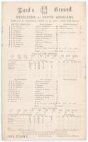 South Africa tour to England 1907. ‘Middlesex v. South Africans’. Rare early double sided scorecard with incomplete printed and faintly handwritten scores in pencil for the match played at Lord’s 10th- 12th June 1907. Electing to bat first the South Afric