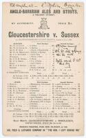 ‘Gloucestershire v. Sussex’ 1896. Early original double sided scorecard with complete printed scores for the match played at the Ashley Down Ground, Bristol, 3rd- 5th August 1896. Aged 48, W.G. Grace completed his third career triple century, scoring 301 