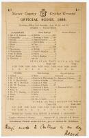 ‘Sussex v. Yorkshire. Official Score, 1896’. Early original double sided scorecard for the match played at the County Ground, Hove, 20th- 22nd August 1896. The scorecard with complete printed scores in the match in which Ranjitsinhji scored two centuries 