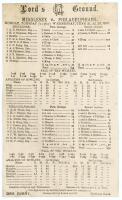 ‘Middlesex v. Philadelphians’ 1897. Rare and early original single sided scorecard for the tour match played at Lord’s, 21st- 23rd June 1897, with complete printed scores. Middlesex batted first and scored 234 (T.C. O’Brien 59). Replying, the Philadelphia