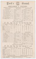 ‘Gentlemen v. Players’. 1900. Early original double sided scorecard with complete printed scores for the match played at Lord’s, 16th- 18th July 1900. In this remarkable match, the first in 35 years for which W.G. Grace was not selected, the Gentlemen bat