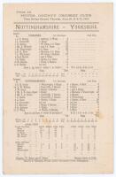 ‘Nottinghamshire v. Yorkshire’ 1901. Early original double sided scorecard with complete printed scores for the match played at Trent Bridge, 20th & 21st June 1901. In an astonishing game, Yorkshire batted first and made 204 with David Denton scoring 73, 