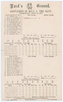 Arthur Conan Doyle. ‘Gentlemen of M.C.C. v. The Navy’ 1901. Early original double sided scorecard with incomplete printed scores for the one day match played at Lord’s, 26th June 1901. The scorecard lists the two teams (twelve players per side), Gentlemen