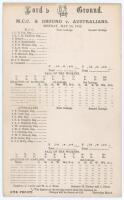 Australia tour to England 1902. ‘M.C.C. & Ground v. Australians’. Early original double sided scorecard listing the two teams at the start of play for the match at Lord’s 26th- 28th May 1902. M.C.C. batted first, scoring 240. In reply a century from Victo