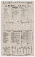 Australia tour to England 1902. ‘Yorkshire v. Australians’. Early original double sided scorecard with complete printed scores for the tour match played at Headingley, Leeds, 2nd & 3rd June 1902. The Australians elected to bat first and struggled to 131 t